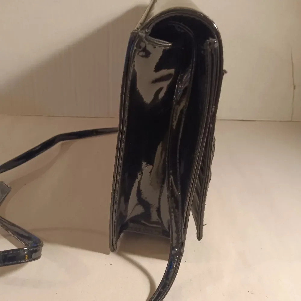 Vintage Black Patent Leather Envelope Clutch with Crossbody Strap
